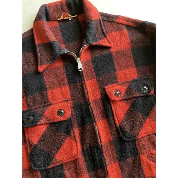 Vintage 1950’s Black Red Buffalo Plaid Wool Mackinaw Field Coat Jacket Men’s M - Picture 2 of 10